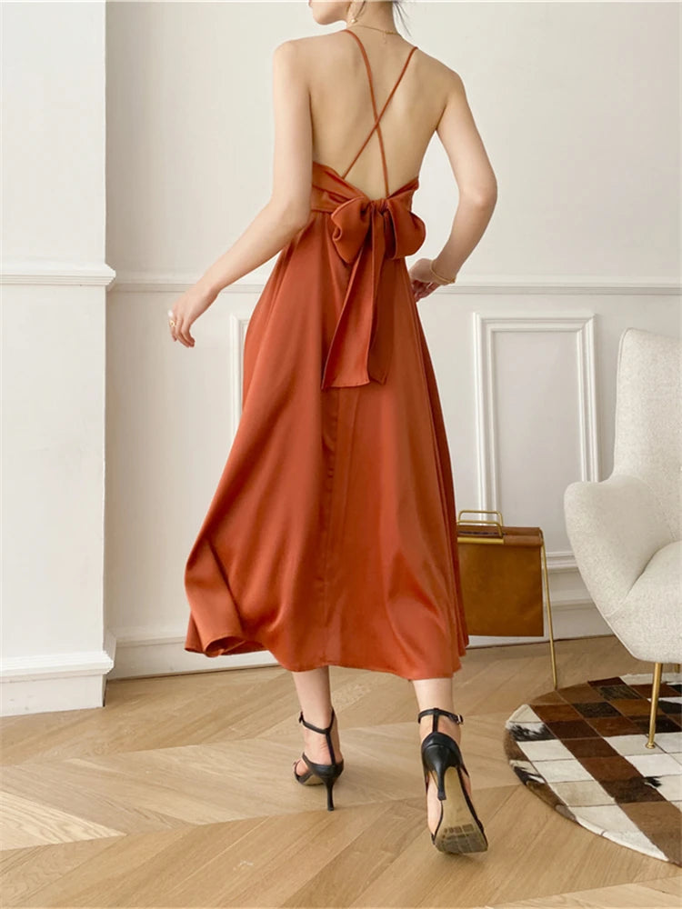 Elegant Satin Lace Up Bow Long Dress