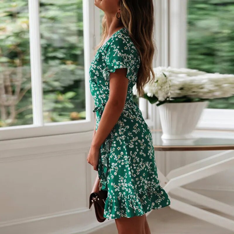 Short Sleeve V Neck Floral Print Dress