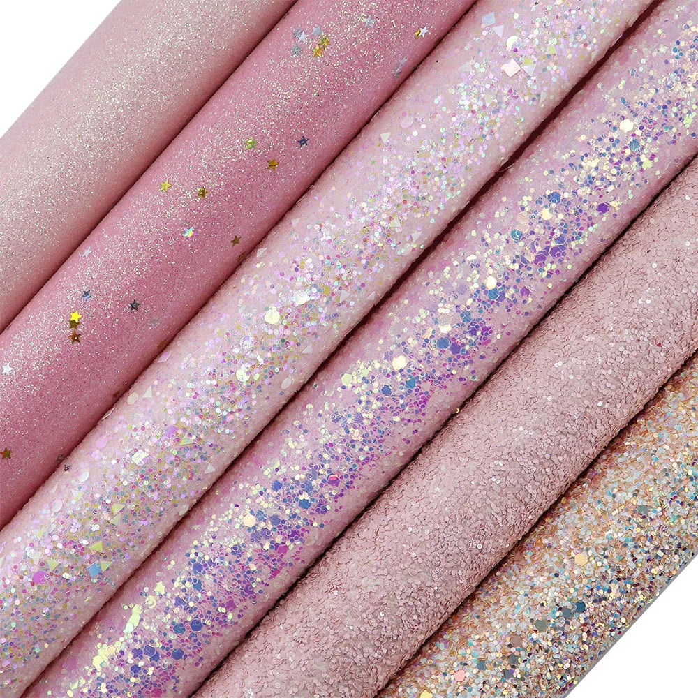 Plain Pink Fine Chunky Glitter Fabric With Elastic Twill Felt Backing Leather