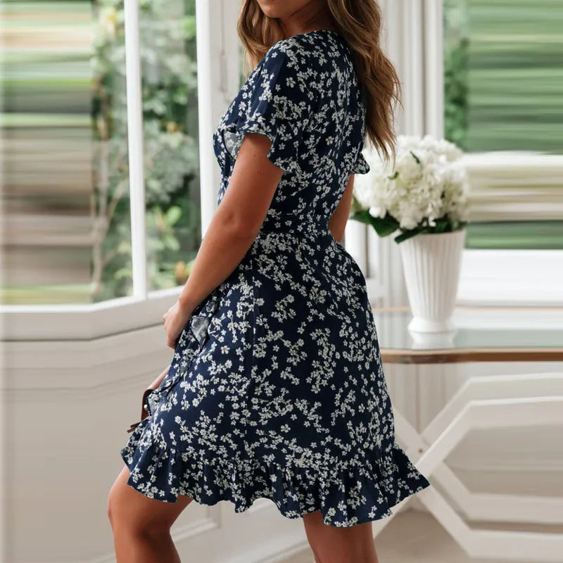 Short Sleeve V Neck Floral Print Dress