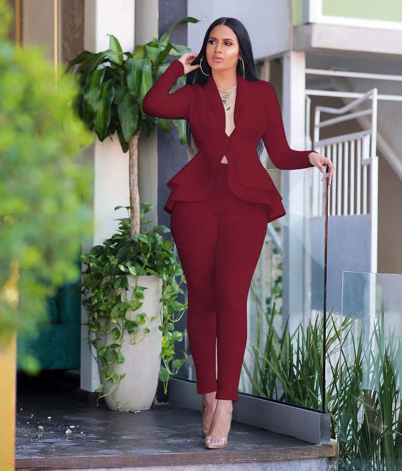 Full Sleeve Ruffles Blazers Pencil Pants Suit