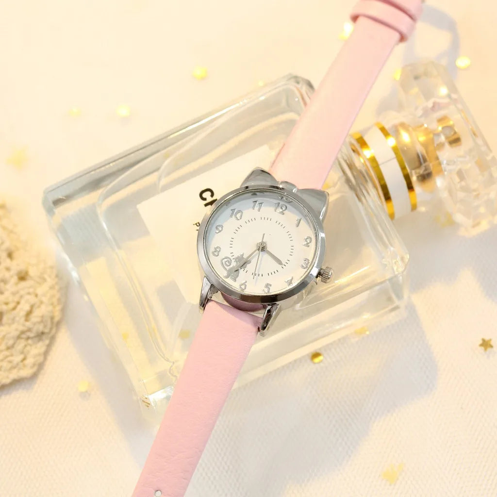 Children Leather Quartz Watch Moon Star Bracelet Set Pink Gift