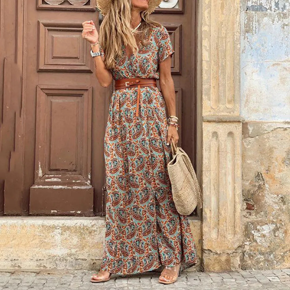 Women V Neck Short Sleeve Paisley Print Belt Large Hem Beach Long Dress