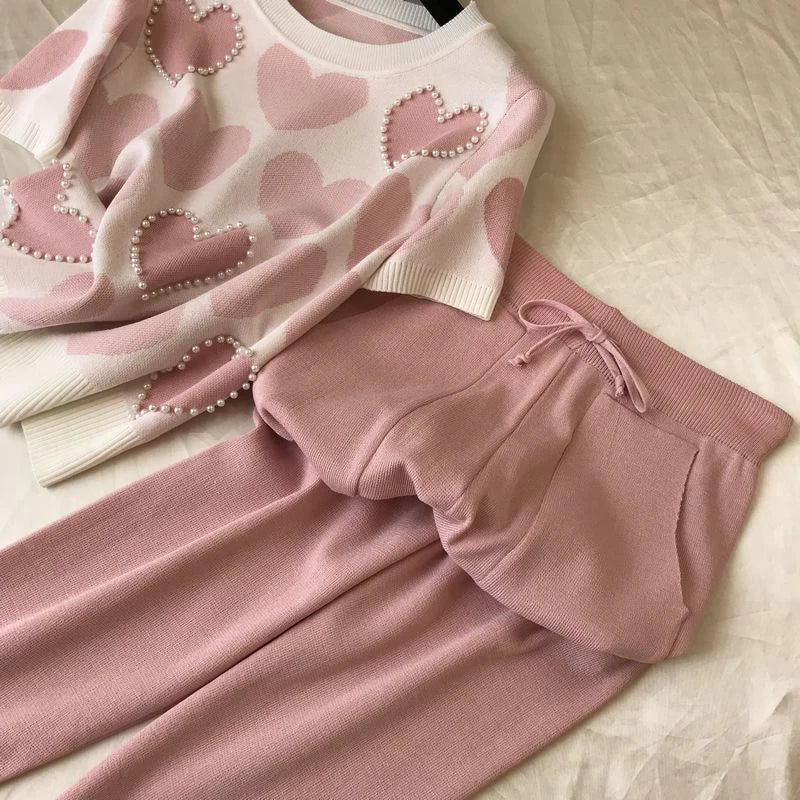 Women Short Sleeve Beading Sweaters Female Tops+pants Suit Pink Casual Tracksuit