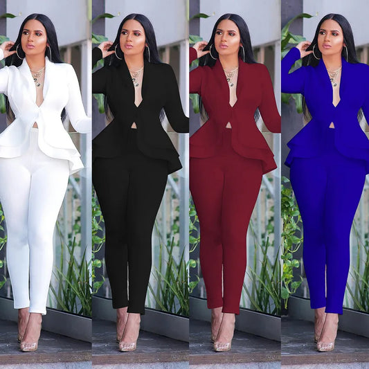 Full Sleeve Ruffles Blazers Pencil Pants Suit