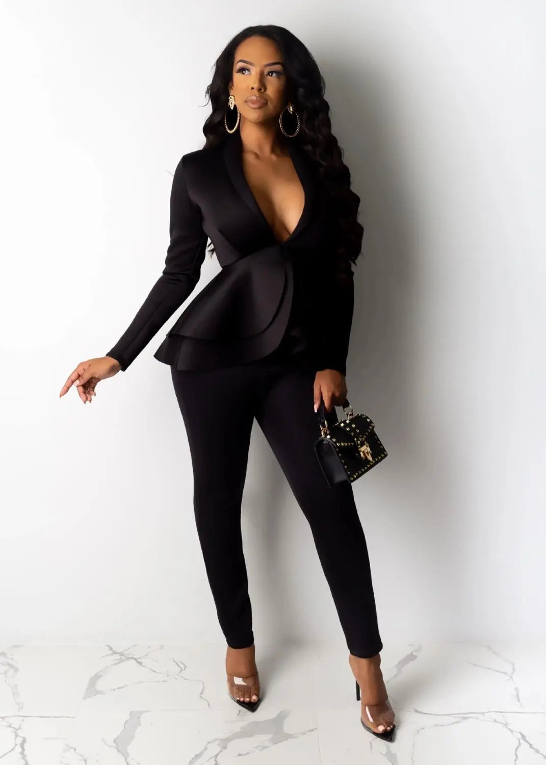 Full Sleeve Ruffles Blazers Pencil Pants Suit