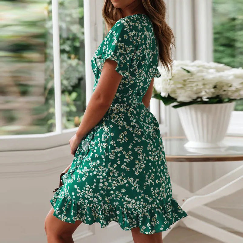 Short Sleeve V Neck Floral Print Dress