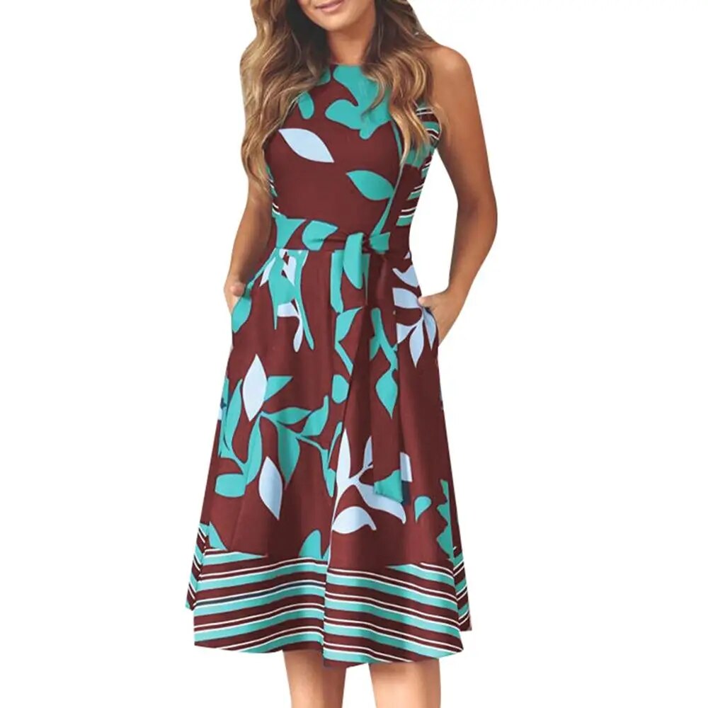 Women Summer Printed Dress Sleeveless O Neck Beach Dress