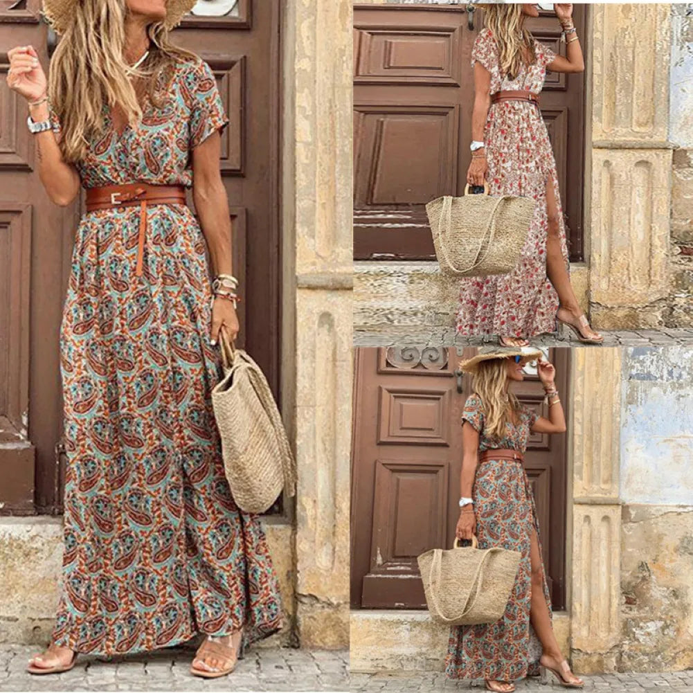 Women V Neck Short Sleeve Paisley Print Belt Large Hem Beach Long Dress