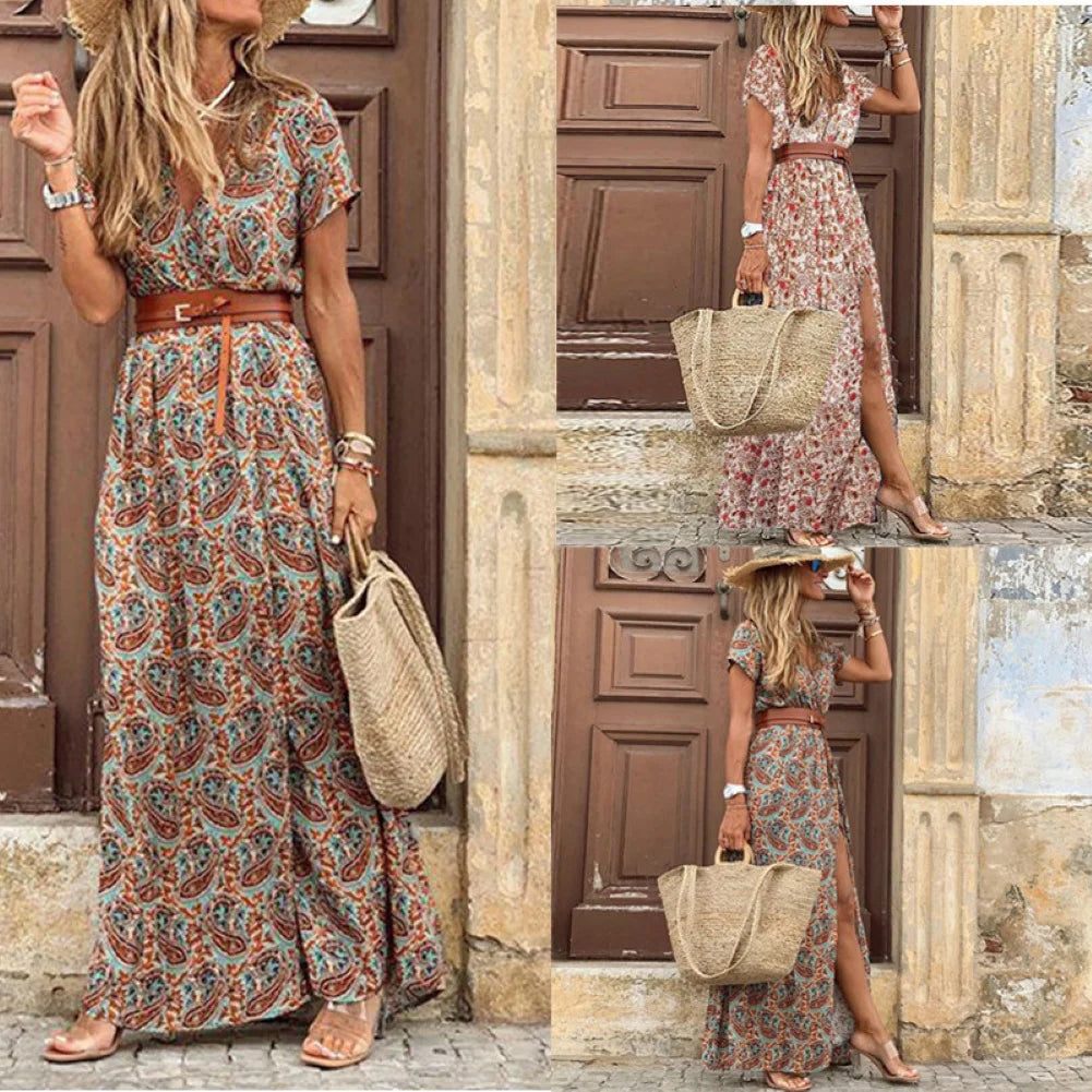 Boho Women V Neck Short Sleeve Paisley Print Belt