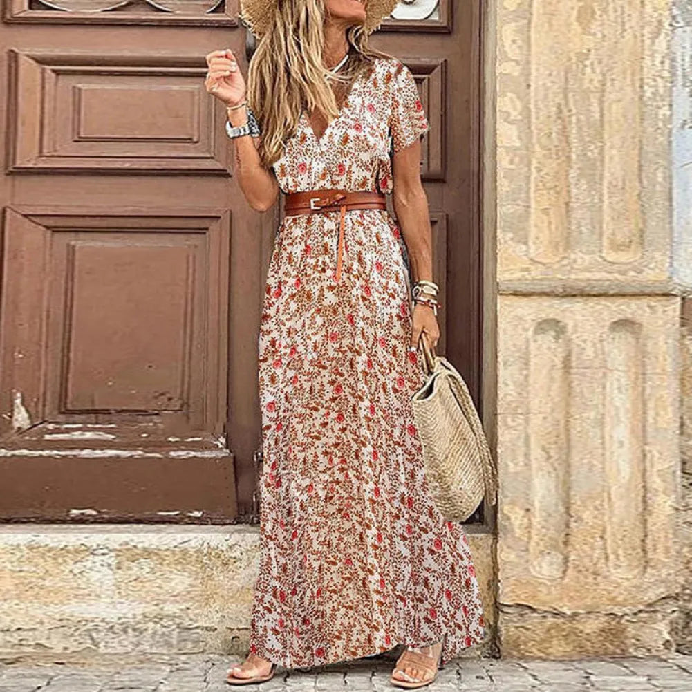 Boho Women V Neck Short Sleeve Paisley Print Belt