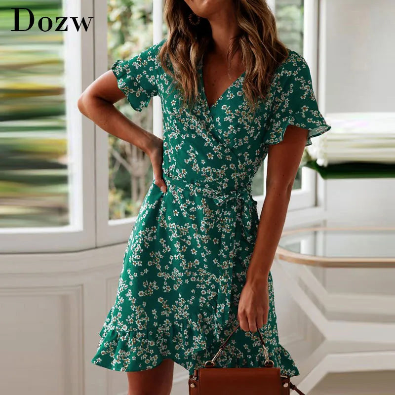 Short Sleeve V Neck Floral Print Dress