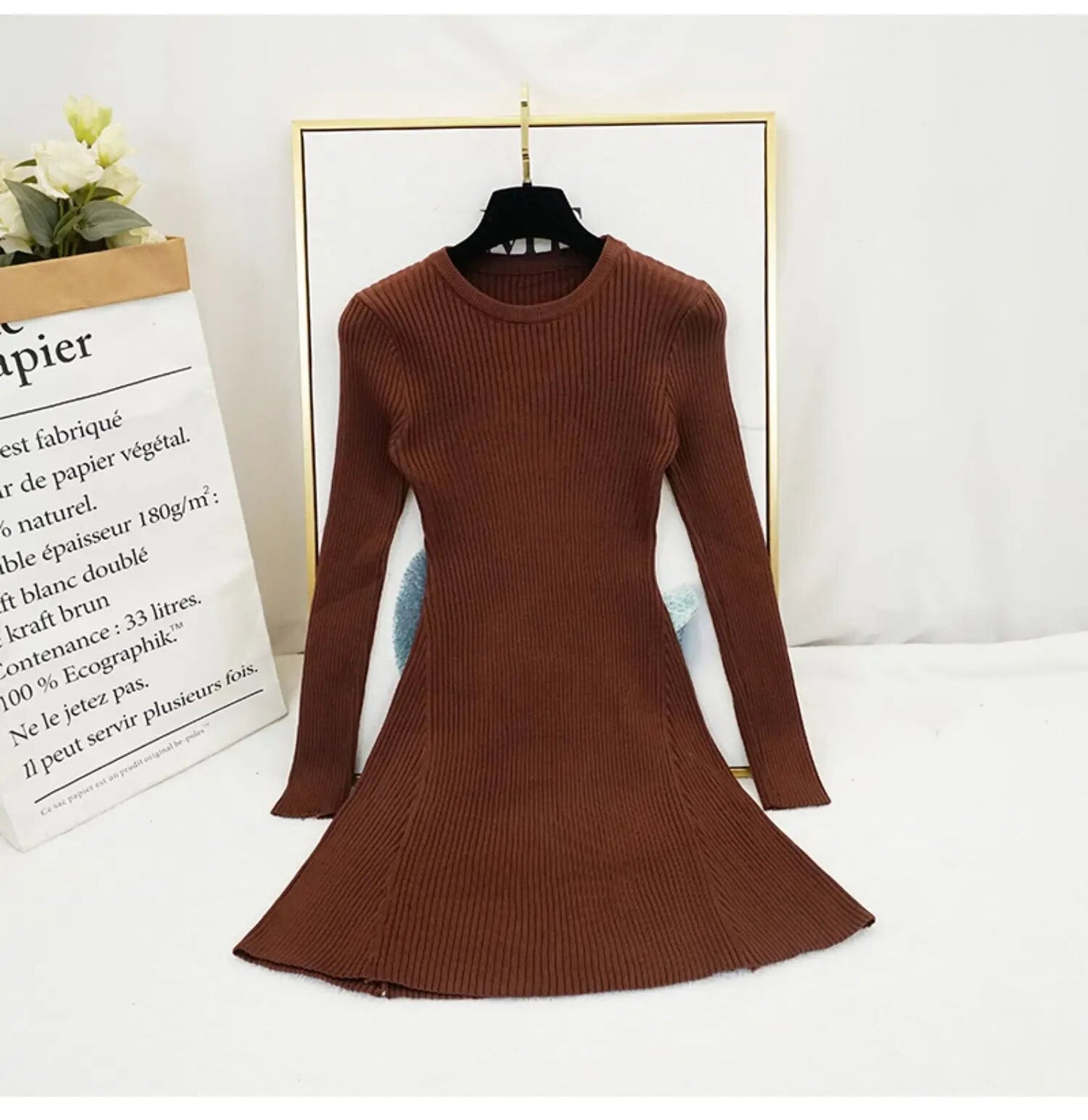 Women Vintage Long Sleeve Short Sweater Dresses