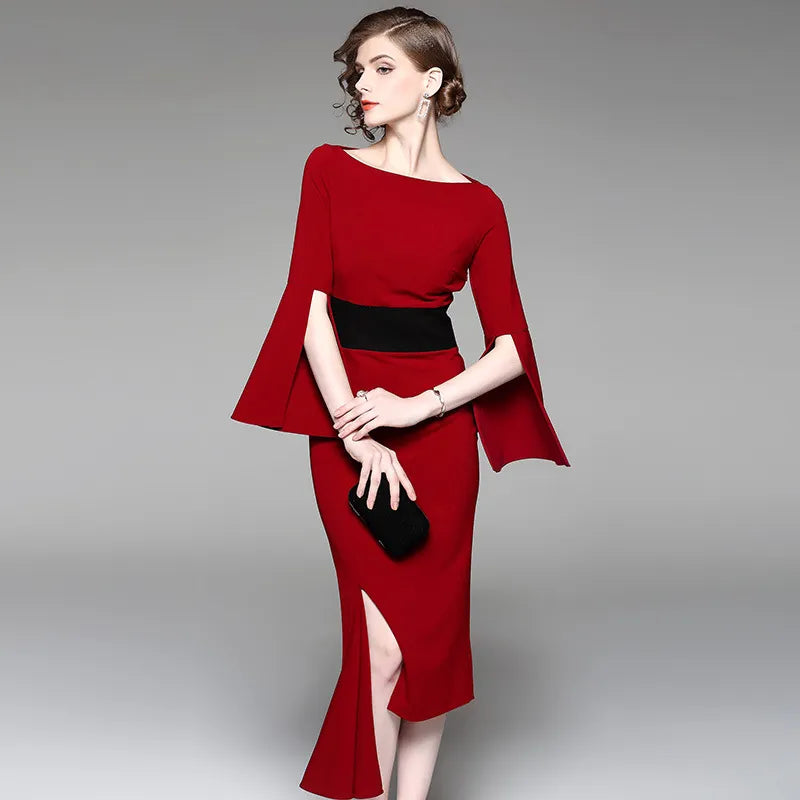 Red medium-length dress for solid slash neck flare sleeve banquet