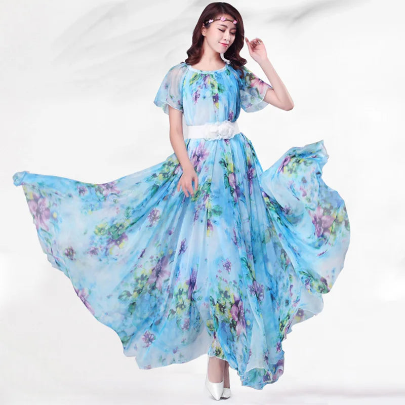 Colorful Floral Printed Chiffon Maxi Dress