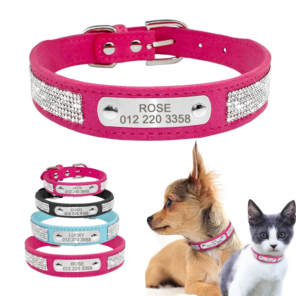 Customized Suede Leather Dog Collar Rhinestone