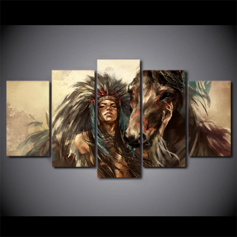 HD printed 5 piece Canvas Art tribe warrior with horse Painting