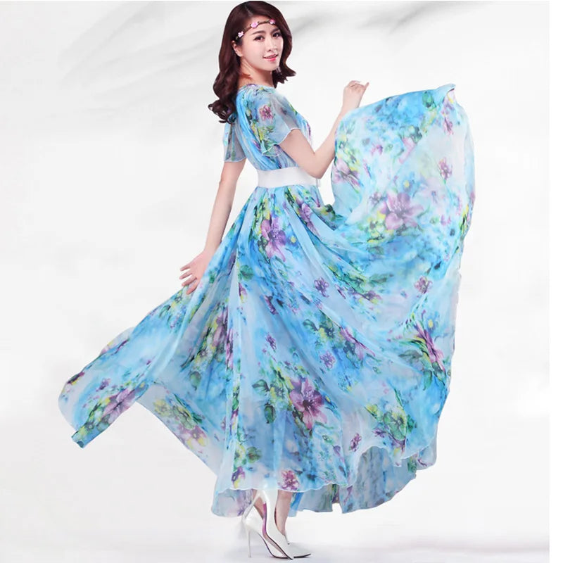 Colorful Floral Printed Chiffon Maxi Dress