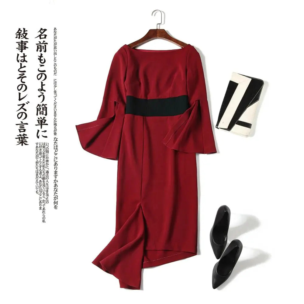 Red medium-length dress for solid slash neck flare sleeve banquet