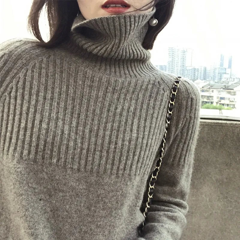 Women's High Collar Loose Pullover Lazy Wind 100% Pure wool Sweater