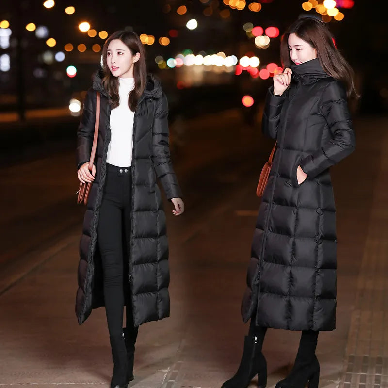 Winter Over-Knee Korea Hooded Black Solid Lattice Warm Long Parka