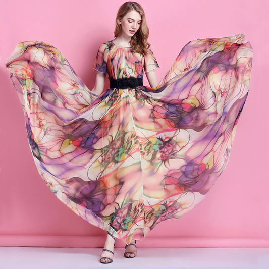 Colorful Floral Printed Chiffon Maxi Dress