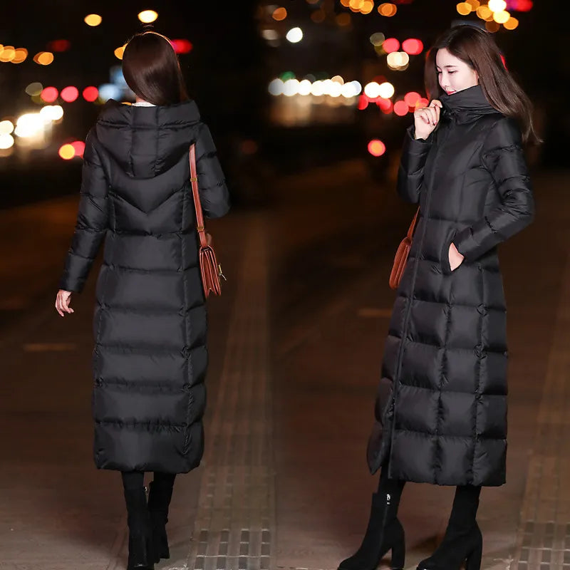 Winter Over-Knee Korea Hooded Black Solid Lattice Warm Long Parka