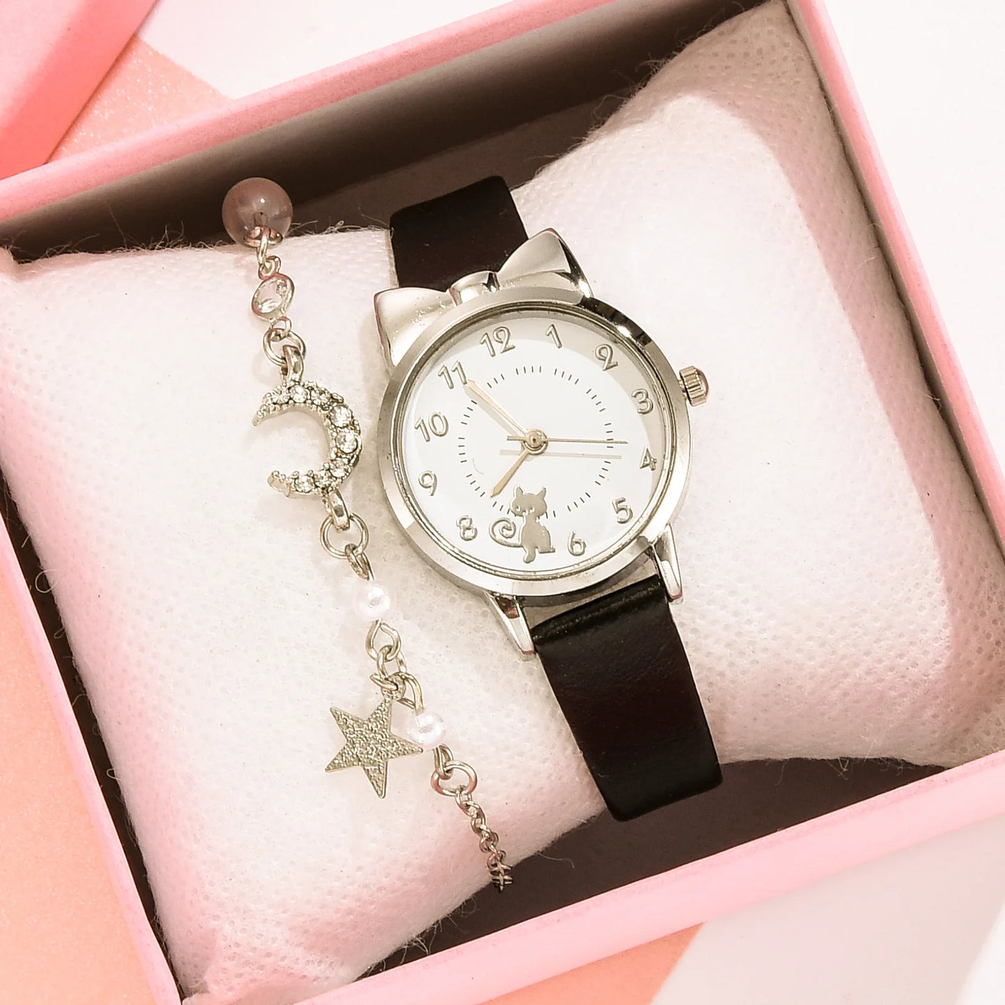 Children Leather Quartz Watch Moon Star Bracelet Set Pink Gift