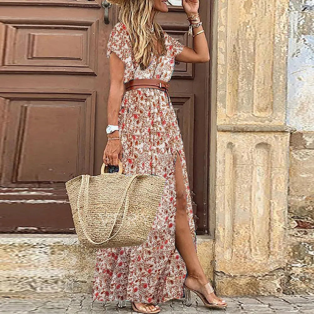 Women V Neck Short Sleeve Paisley Print Belt Large Hem Beach Long Dress