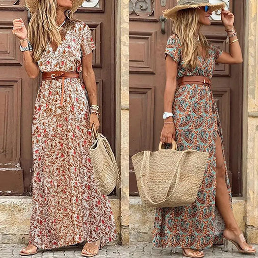 Boho Women V Neck Short Sleeve Paisley Print Belt