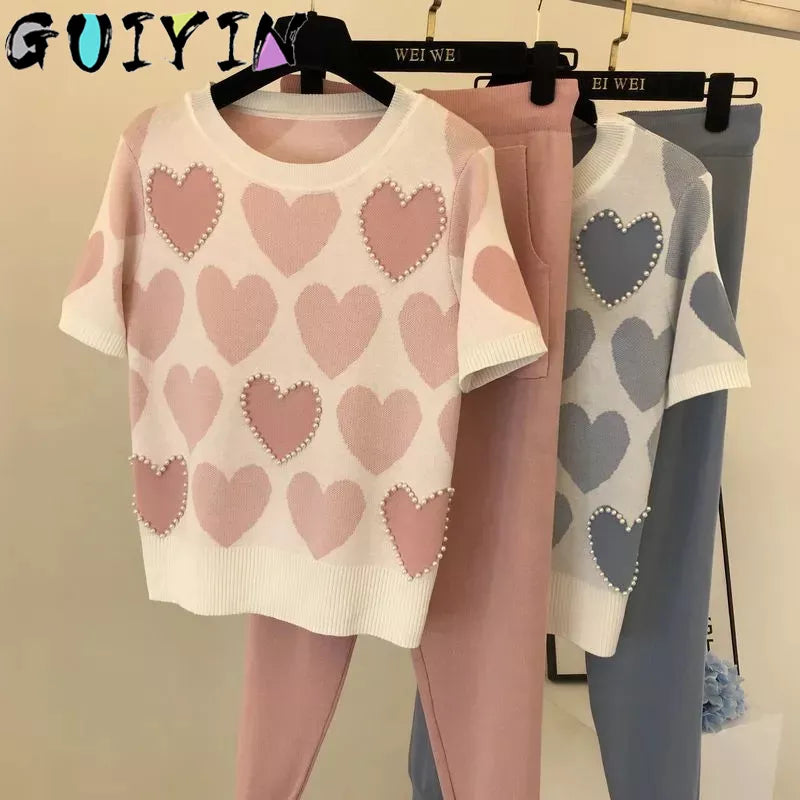 Women Short Sleeve Beading Sweaters Female Tops+pants Suit Pink Casual Tracksuit