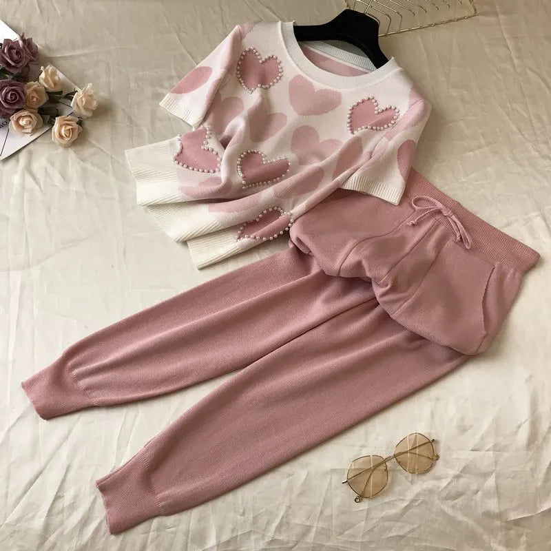 Women Short Sleeve Beading Sweaters Female Tops+pants Suit Pink Casual Tracksuit