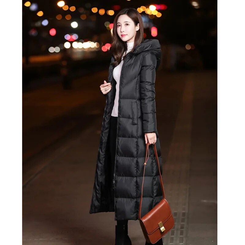 Winter Over-Knee Korea Hooded Black Solid Lattice Warm Long Parka