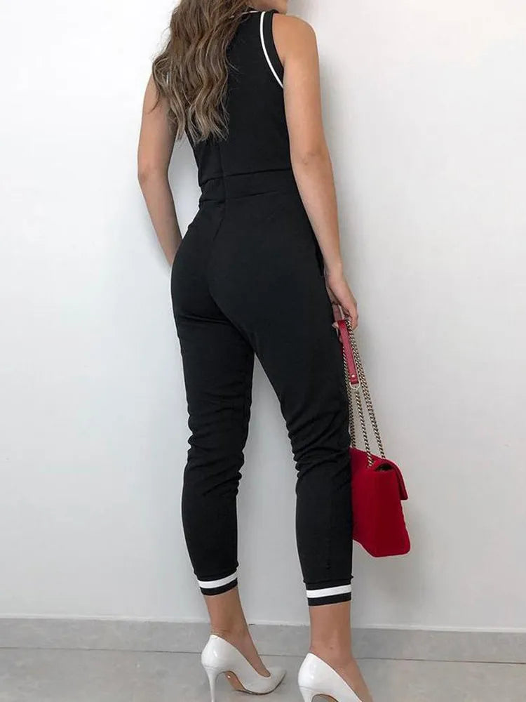 Women Sleeveless Contrast Binding Tie Waist Casual Jumpsuit