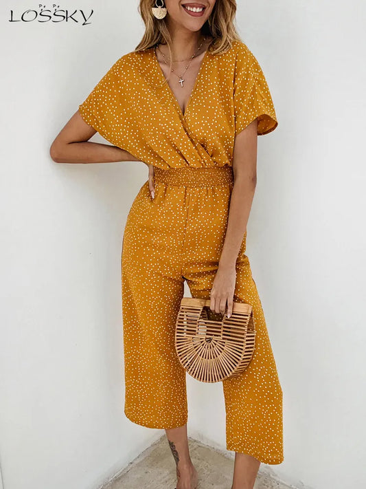 Short Sleeve Summer Casual Print V-neck Jumpsuit