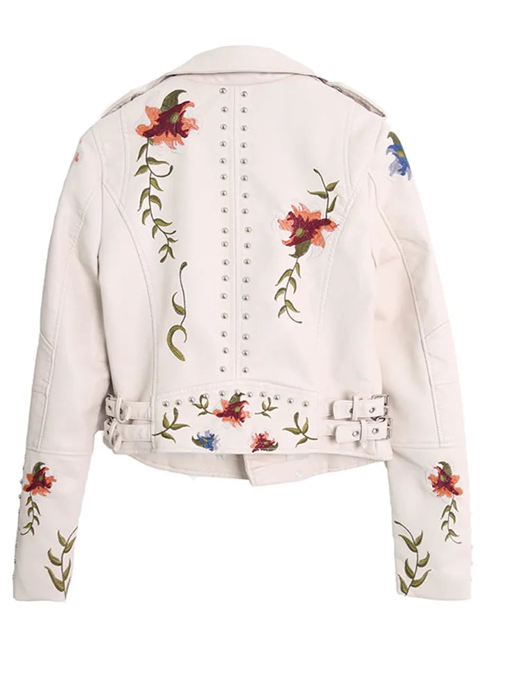 Ftlzz Women Floral Print Embroidery Faux Soft Leather Jacket Coat