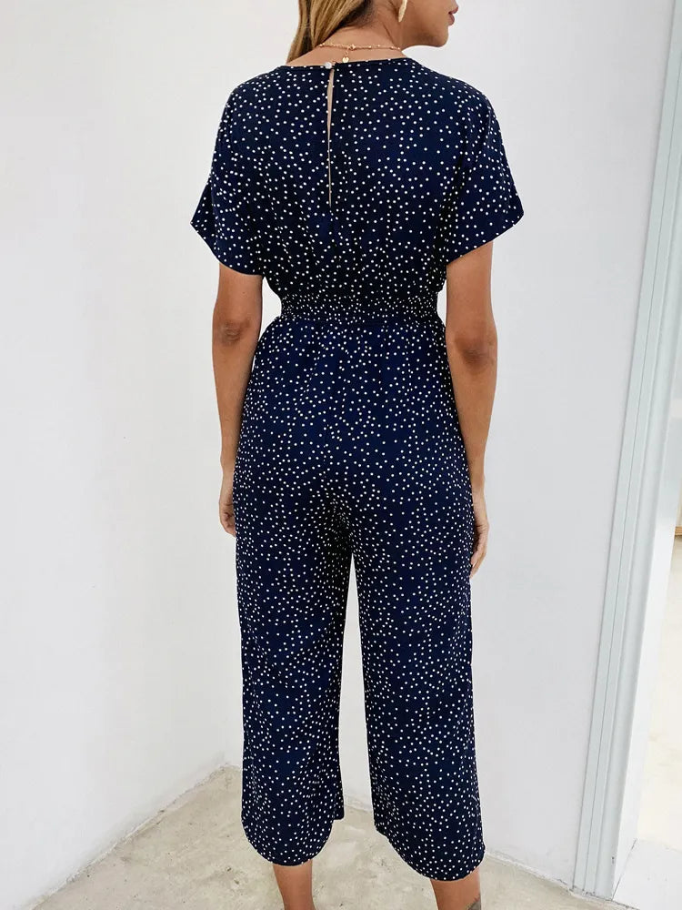 Short Sleeve Summer Casual Print V-neck Jumpsuit