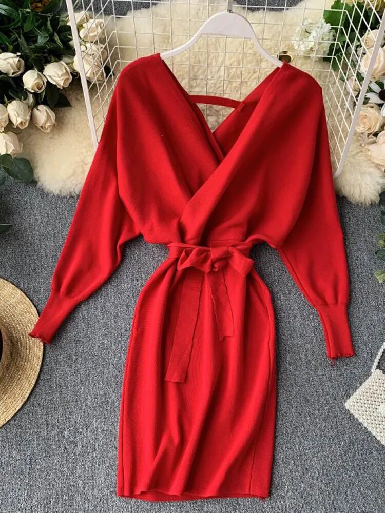 Knitted Sweater Long Batwing Sleeve V Neck Elegant Dress