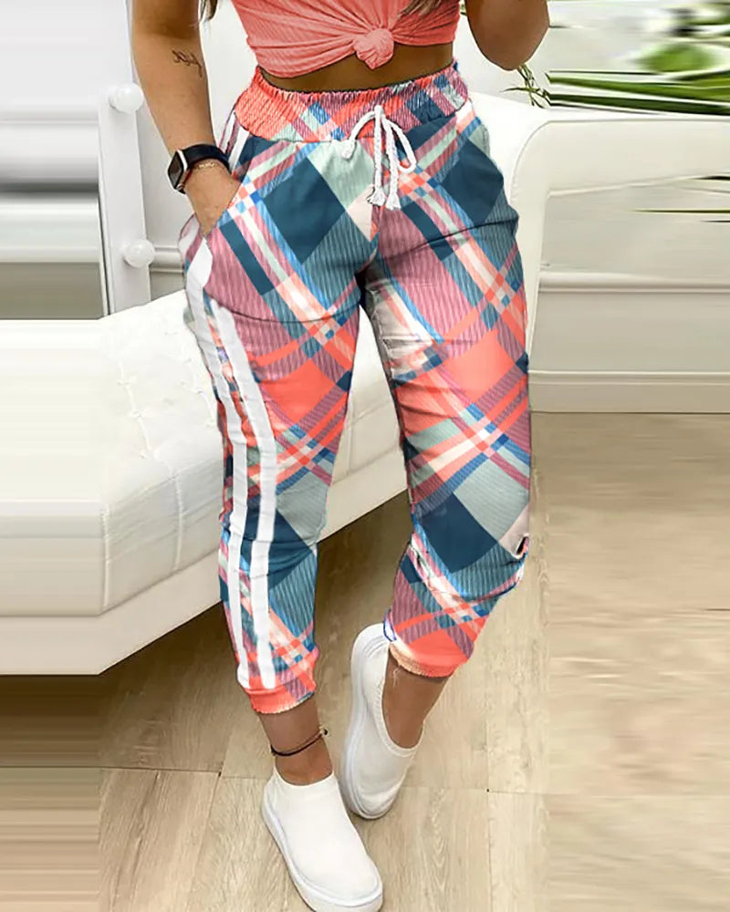 Women Fashion Casual Pants Trousers  Colorblock Plaid print Cargo Pants