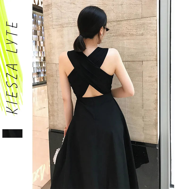 Sexy Elegant Sleeveless Back Cross Midi A Line Party Dresses