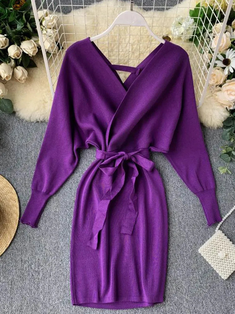 Knitted Sweater Long Batwing Sleeve V Neck Elegant Dress