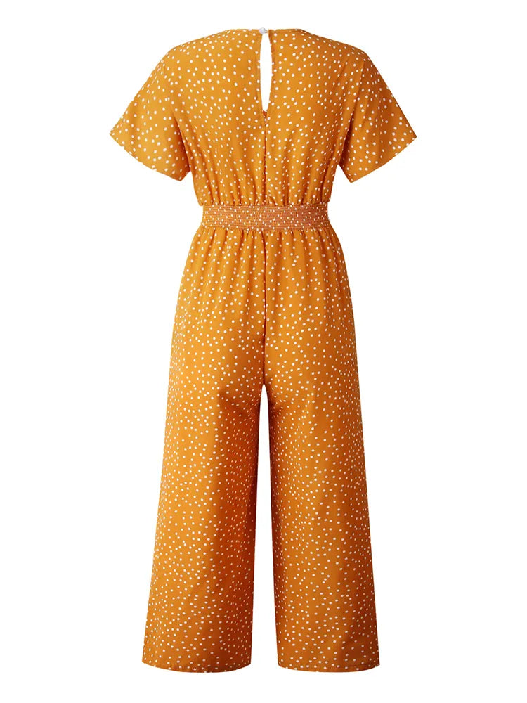 Short Sleeve Summer Casual Print V-neck Jumpsuit