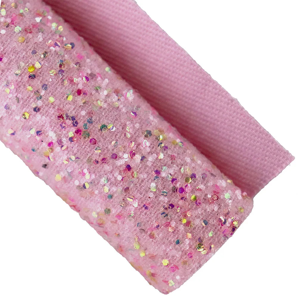 Plain Pink Fine Chunky Glitter Fabric With Elastic Twill Felt Backing Leather