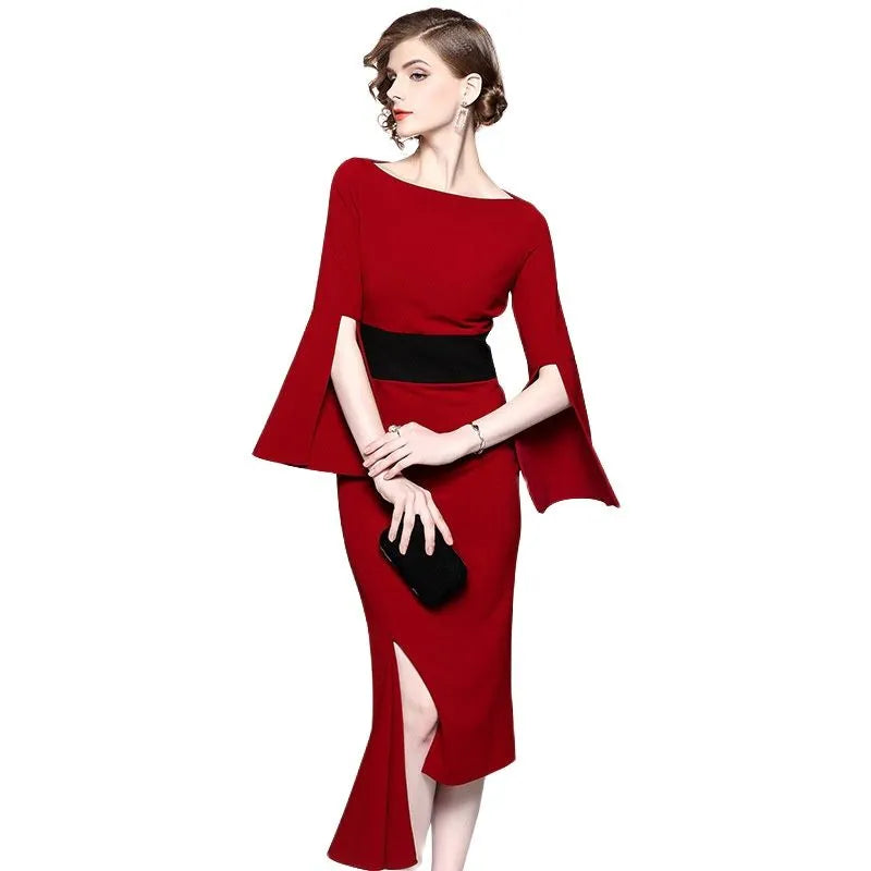 Red medium-length dress for solid slash neck flare sleeve banquet