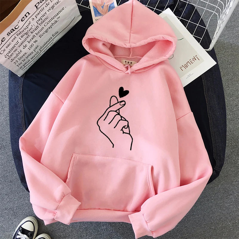 Women Hoodies Casual Kpop Finger Heart Love Pattern Hoody Sweatshirts