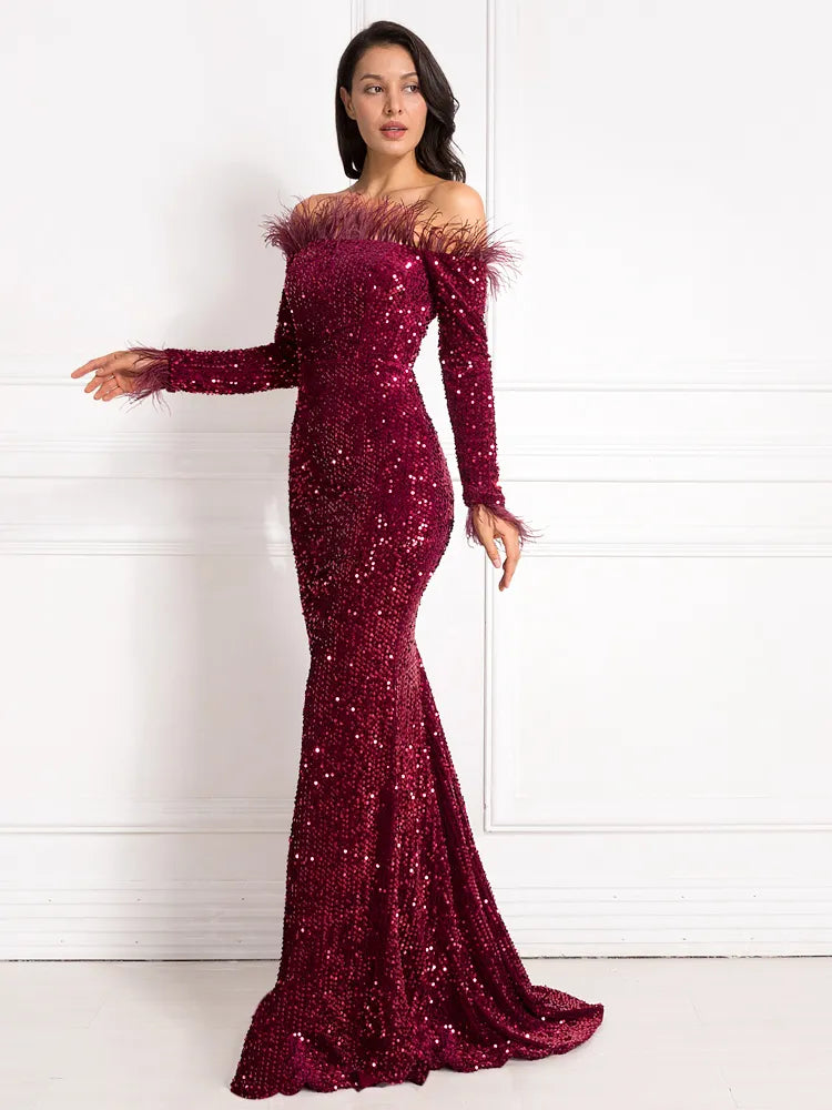 Long Sleeve Burgundy Shiny Sequin Feather Velvet Party Dress