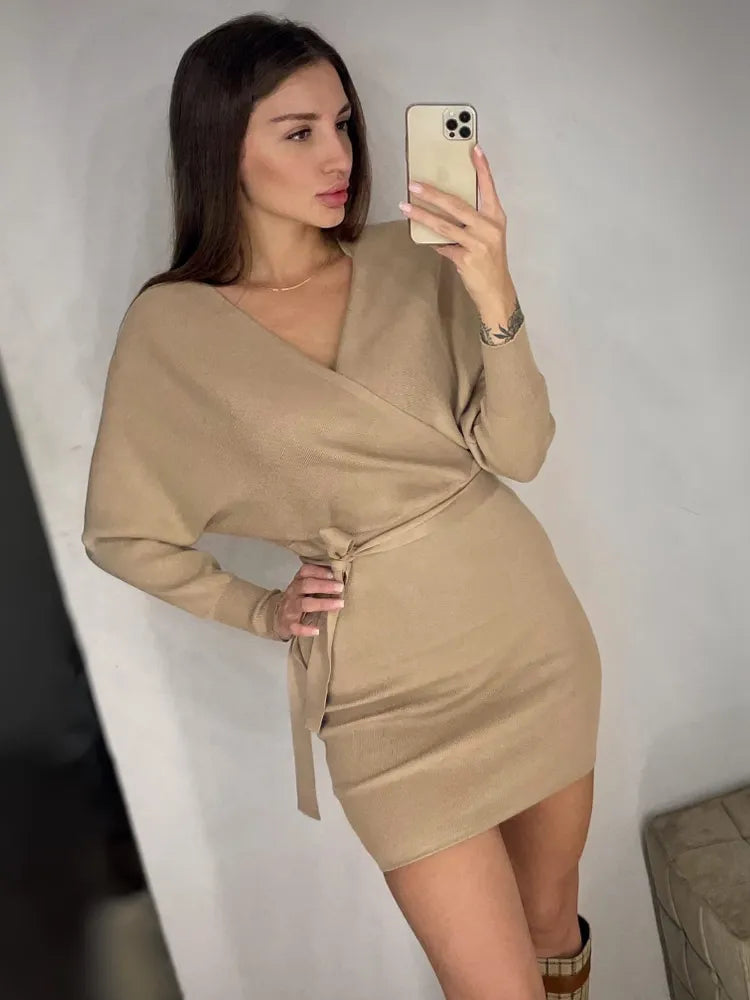 Knitted Sweater Long Batwing Sleeve V Neck Elegant Dress