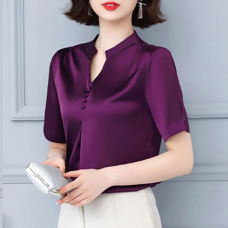 Women Tops Short Sleeve Casual Elegant Ladies Blouse Shirts