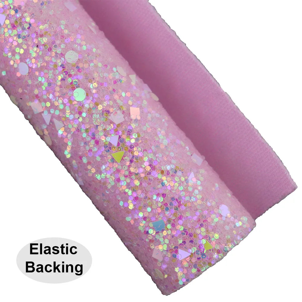 Plain Pink Fine Chunky Glitter Fabric With Elastic Twill Felt Backing Leather