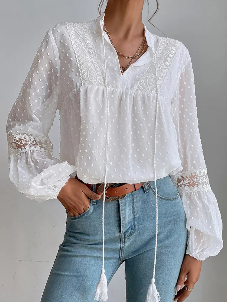 Elegant Chiffon Lace Blouses Lantern Sleeve